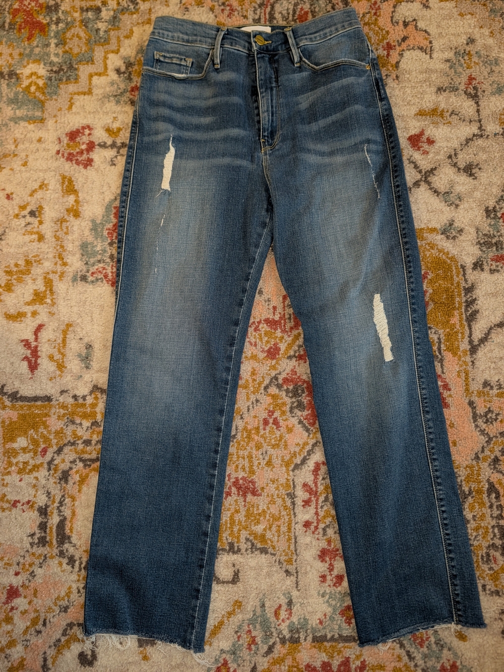 Frame Denim LeSylvie Slender Straight Distress Jeans Med Blue Wash Stretch Wear